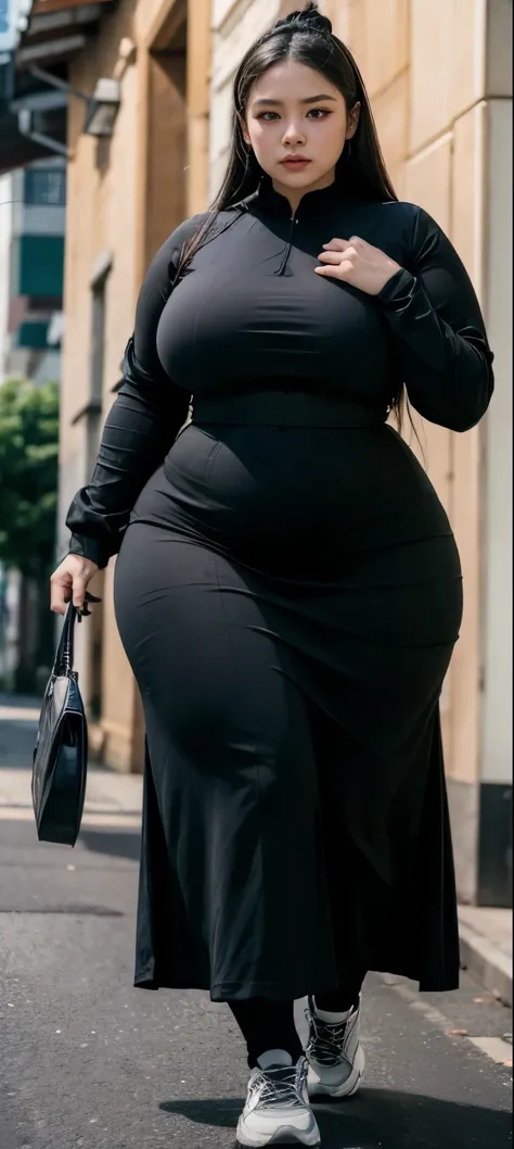 ((best quality)), ((masterpiece)), (detailed), malay woman, perfect face, araffe woman in a dark-black gamis walking down a street, thicc, she has a jiggly fat round belly, bbwchan, wearing tight simple clothes, skinny waist and thick hips, widest hips, he...