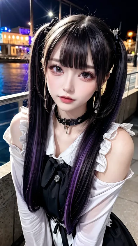 photo shoot, masterpiece, Best Quality, 8k, Hi-Res, Hi-Res, absurd:1.2, Kodak Portra 400, Film Grain, Blurred Background, Bokeh:1.2, lens flare , ( Vivid Colors:1.2), 1 girl, purple eyes, Movie Lighting、Purple and Black Hair 、(Landmine Girl、 Heavy...