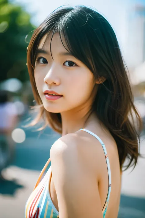 A girl named Tomoko, wavy hair in front of the station, Brown Hair, Age 25, slender, Squint your eyes, Subjective Viewpoint, Retro Flare, debt/2.8, 50mm, Fujidebtilm, U Hi-Res, retina, masterpiece, Accurate, 解剖学的にAccurate, wrinkled skin, Super detailed, ...