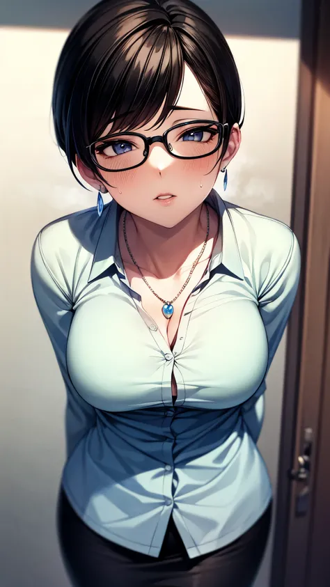 （ super quality, super high definition,16k,super masterpiece,Ultra HD ,Detailed shading and background,）One sexy mature mom ,pretty short black hair,Glasses,（Long-sleeved white naked shirt standing up with buttons removed, black pencil skirt,） necklace , e...