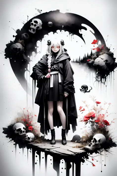 solo,1female(grim reaper,cute,kawaii,age of 10,hair color white,braid hair,messy hair,eye color dark,big eyes,white skin,big smile,enjoy,full body,wearing Grim Reapers black Robe,(black hood),holding scythe,skip,flower hair ornament,white hair,(body transp...