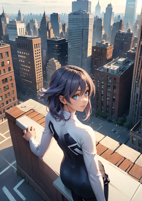 She is on a rooftop looking at a New York cityscape in a very detailed background , Looking into the distance, mischievous look 