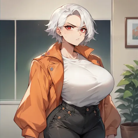 masterpiece, best quality, 1 girl, white hair, red eyes, white t-shirt, orange jacket, black pants, big breasts, wide hips. they are standing in your living room with an annoyed look on their face.