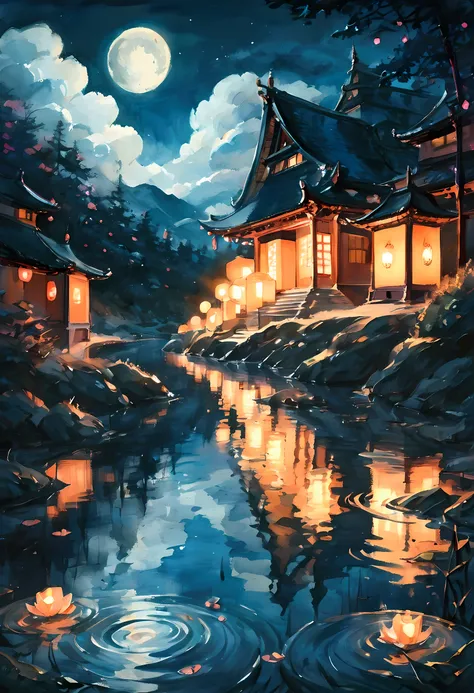 score_9, score_8_up, score_7 ((black and white water color art: 1.5)) there is a river in the night there are floating lanterns, orange-pink lanterns, in its water, the moon is in the sky, reflected in the river, there is Japanese castle near the river1the...