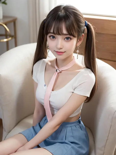   DETAIL FUEIS ,  cute face,  Brown Eyes ,  Masterpiece」 , Best Quality ,  several people having fun with each other while having very detailed  , (A 17-year-old woman ) , (chair) , ( sitting) , ( v arms) ,  short sleeve shirt with collar、 pink tie、 Grey M...