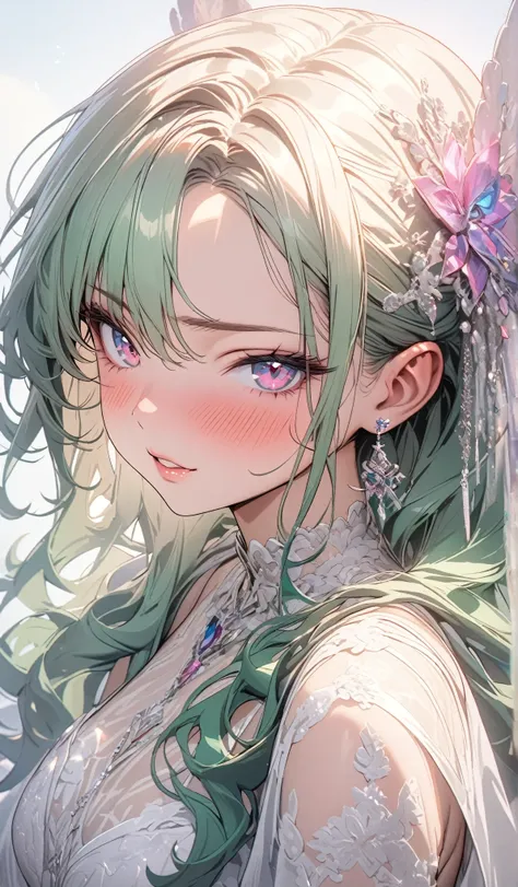 8k,masterpiece,Best Quality,Super detailed,  An Extraordinary Beauty , Blushed face,  Seductive Expression, white lace dress,  emerald green semi-long hair, dark blue and pink heterochromic eyes , Glossy lips,  viewers