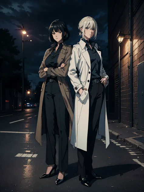 anime、High image quality、 Hi-Res、((( one woman)))、deep blue blouse 、 is wide open on the chest、Black Slacks Pants 、 black high heels、Thoughtful face、 white trench coat、Under the street lamp、Leaning against a brick wall、London city at night、 tense scene for...