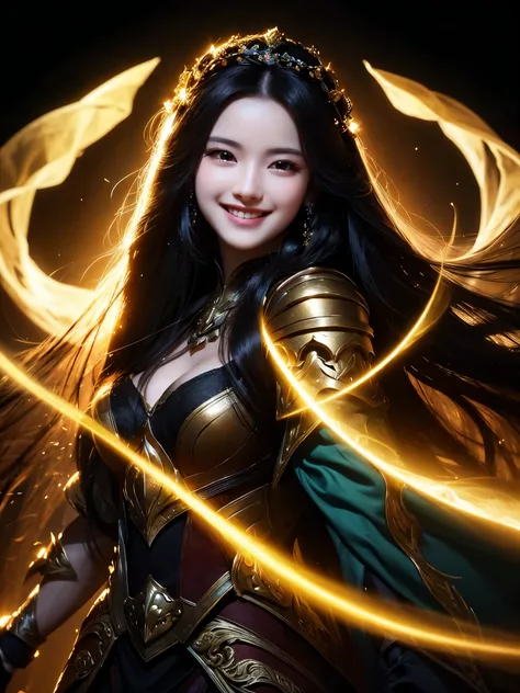 Best Quality　masterpiece　 Details　A woman with super beautiful long black hair is smiling and shines with a strong backlight on a black background　Photo style　Artistic　 imaginary　 dramatic production　 Fantasy　 close-up 