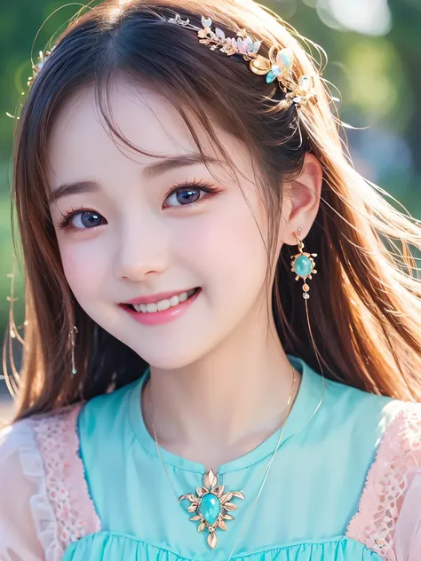 Best Quality　masterpiece　 Details　A super cute girl is smiling and wearing a drop shaped jewel under her eyes　Photo style　 imaginary　 close-up 　 Fantasy　 pastel colors