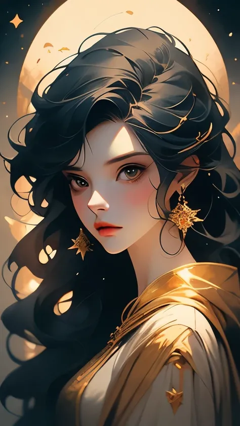 a woman with long black hair wearing a blue and gold hoodie, an anime drawing inspired by Charlie Bowater, tumblr, fantasy art, beautiful celestial mage, black - haired mage, in dark robes with gold accents, astral witch clothes, portrait knights of zodiac...