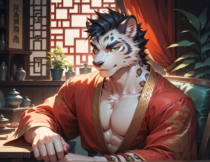 ( alone),  male anthropomorphic leopard,  white fur ,  short black hair , Green Eyes,Calm，General, Tang dynasty style robe, Chinese,  MUSCLE , 