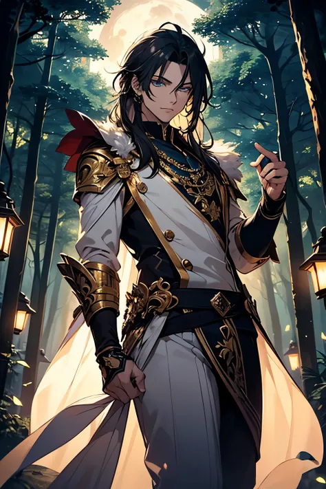 "Create a mystical scene featuring a young, graceful male dancer with flowing black hair and piercing blue eyes, dressed in an ornate, ancient-inspired outfit with intricate gold and silver armor details. Emphasize his masculine elegance and strength as he...