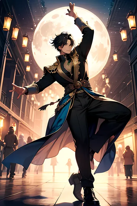 "Create a mystical scene featuring a young, male dancer in a dynamic, powerful dance pose, with flowing black hair and piercing blue eyes. His movements are strong yet graceful, showcasing his masculine elegance as he dances under a full moon in an enchant...