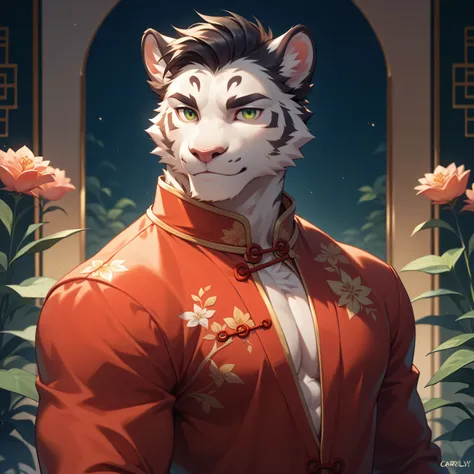 ( alone),  male anthropomorphic leopard,  white fur , White skin, white fur , short black hair , Green Eyes,Calm,Elegant,General, Chinese costume long shirt, Chinese,  MUSCLE , 