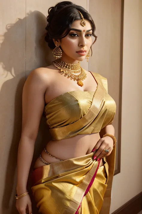 "Create a portrait of a bold and confident Hansika motwani with a curvy figure, dressed in a traditional saree that accentuates her full breasts and hips. She wears a white saree with a golden border paired with a fitted maroon blouse. Her look is enhanced...