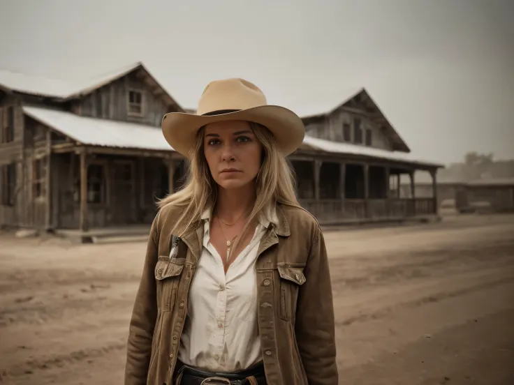 close-up of a female cowboy in grungy, dirty clothing, long  blond hair, cowboy hat, standing in the middle of a dusty 1890s Main Street, gun raised to the camera, dramatic lighting, old wooden buildings in the background, dust swirling in the air, reminis...