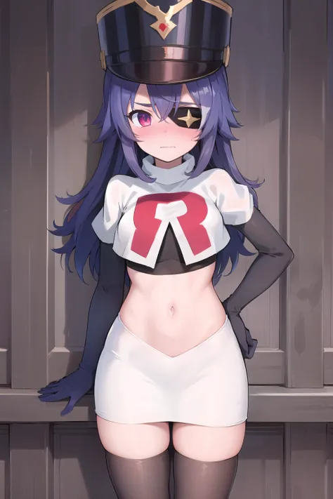 ((masterpiece,best quality)), 1girl, chevreuse, shako cap, eyepatch, blush, team rocket,team rocket uniform,white skirt,red letter R,crop top,black thigh-highs,black elbow gloves, embarrassed, blush