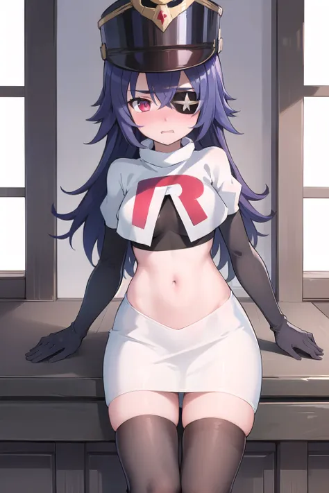 ((masterpiece,best quality)), 1girl, chevreuse, shako cap, eyepatch, blush, team rocket,team rocket uniform,white skirt,red letter R,crop top,black thigh-highs,black elbow gloves, embarrassed, blush