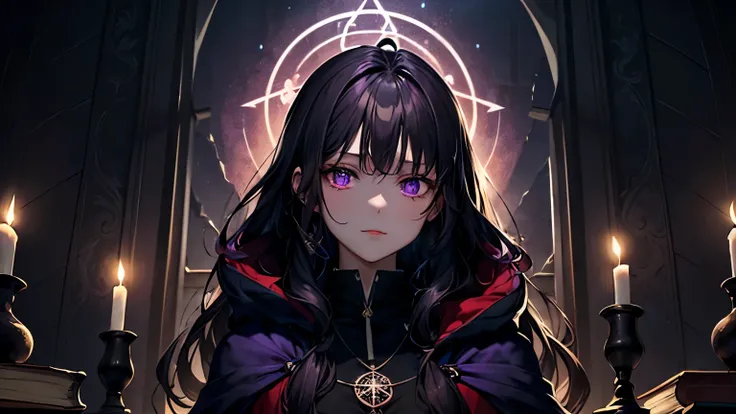 An anime-style girl named Yuumi with a dark and mysterious expression. She has long, wavy dark purple hair and deep purple eyes that seem to hold secrets. Yuumi is wearing a stylish and modern outfit with occult-inspired accessories, such as a pentagram ne...