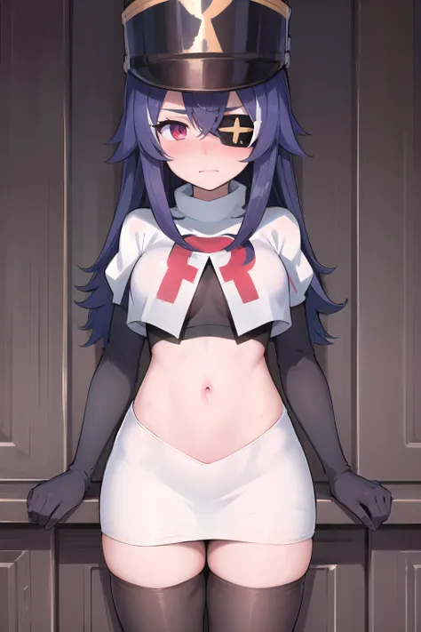 ((masterpiece,best quality)), 1girl, chevreuse, shako cap, eyepatch, blush, team rocket,team rocket uniform,white skirt,red letter R,crop top,black thigh-highs,black elbow gloves, embarrassed, blush