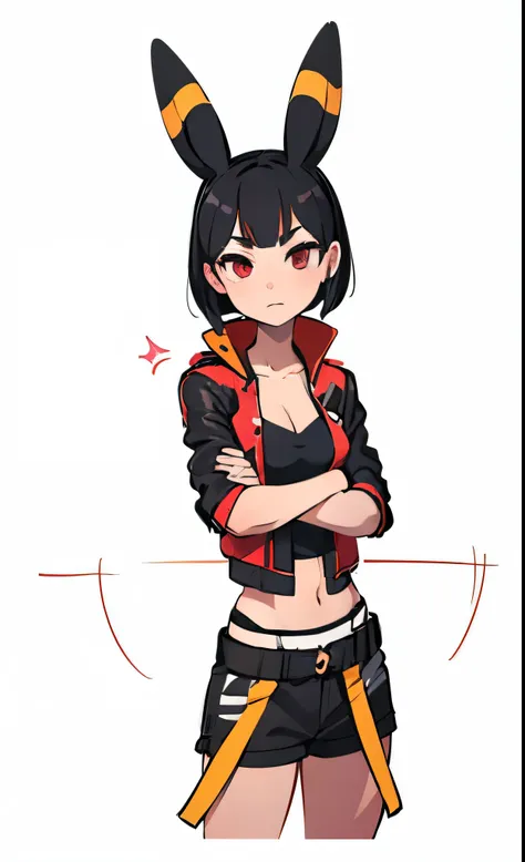  A muscular girl with black hair ., umbreon ears, red eyes,  wears an open black leather jacket over a pink sports bra.,  black miniskirt with shorts , thin waist, small breasts, pixie-style haircut ,  cinematic lighting , detailed face, highly detailed, p...