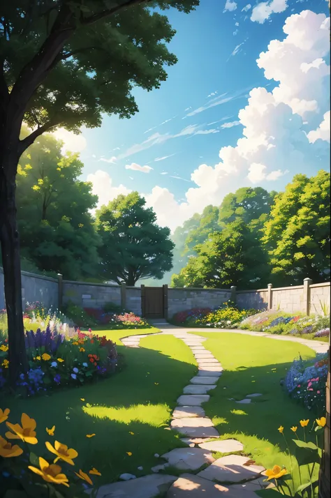 A lush flower garden, beautiful cloudy sky, idyllic landscape, highly detailed, photorealistic, 8K, ultra-detailed, masterpiece, professional lighting, vibrant colors, serene atmosphere, perfectly balanced composition, natural setting, blooming flowers, ve...