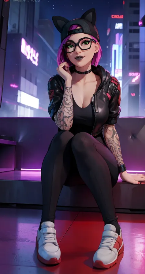 💜✨1 girl,black lips,choker,spiked choker, Night, (masterpiece)dark sky, night ,evening, full body,sitting on the floor (Cyberpunk Night)(Best Quality) gaming ,(Alone), looking at the viewer, high detailed,extremely detailed, fine green eyes,dynamic pose,mi...