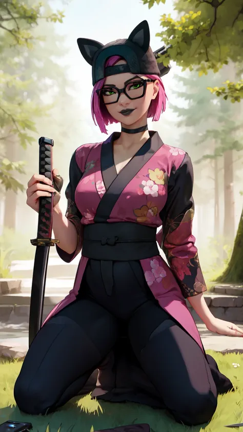 1 girl, black lips, choker, (masterpiece) Night (forest Night) (best quality) gaming ,(alone), looking at viewer, high detailed, extremely detailed, fine green eyes, Kneeling, mischievous smile , short pink hair, cap,holding a katana,katana in his hands,Ka...