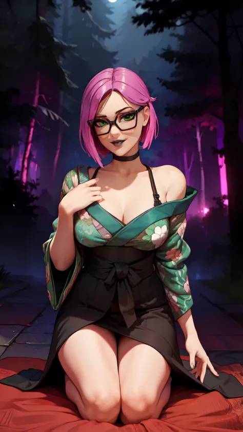 1 girl, black lips, choker, (masterpiece) Night (forest Night) (best quality) gaming ,(alone), looking at viewer, high detailed, extremely detailed, fine green eyes, Kneeling, mischievous smile , short pink hair, cap,glasses ,(Kimono)