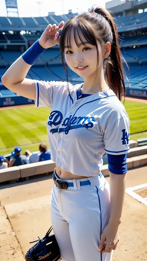 Best Quality,masterpiece, super high definition, highdefinition RAW color photo, professional photography, natural skin texture, fine skin, hyperrealism , Japanese Female,(smile,Laugh happily,Big Breasts, ponytail hair),((Watching baseball,Dodger Stadium, ...