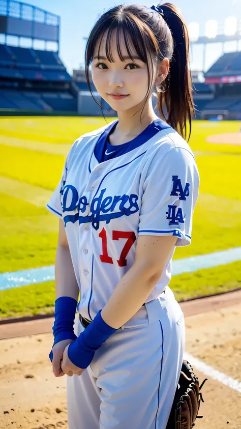 Best Quality,masterpiece, super high definition, highdefinition RAW color photo, professional photography, natural skin texture, fine skin, hyperrealism , Japanese Female,(smile, ponytail hair),((Watching baseball,Dodger Stadium, Dodgers uniform,Number 17 ...