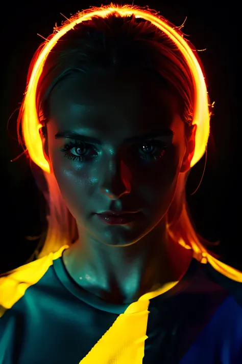 full portrait unique photography with light and painting, german flag painting colors on the face, a cute readhead german women, she is wearing German soccer jersey, dynamic pose, The Face behind a reflected Glass, floating hair, red and orange neon lighti...