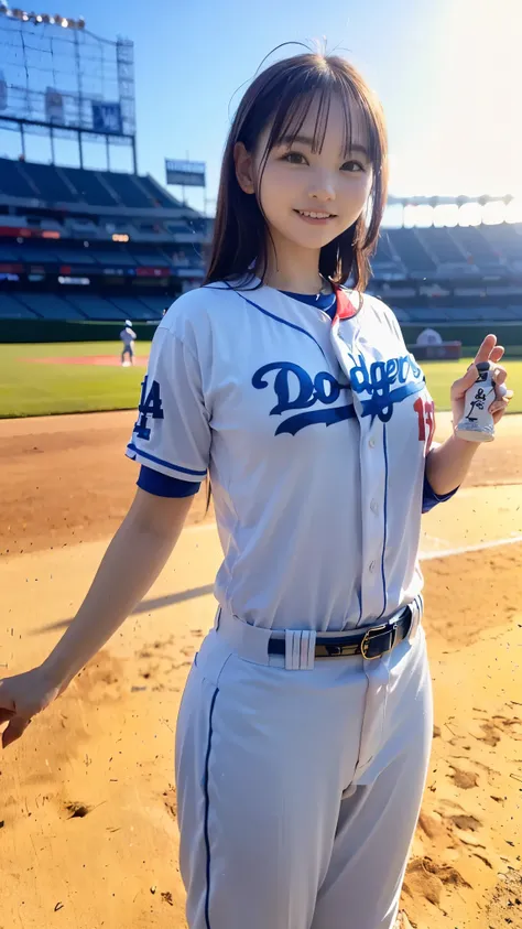 Best Quality,masterpiece, super high definition, highdefinition RAW color photo, professional photography, natural skin texture, fine skin, hyperrealism , Japanese Female,(smile,Laugh happily,gigantic breasts, long hair),(((Watching baseball,Dodger Stadium...