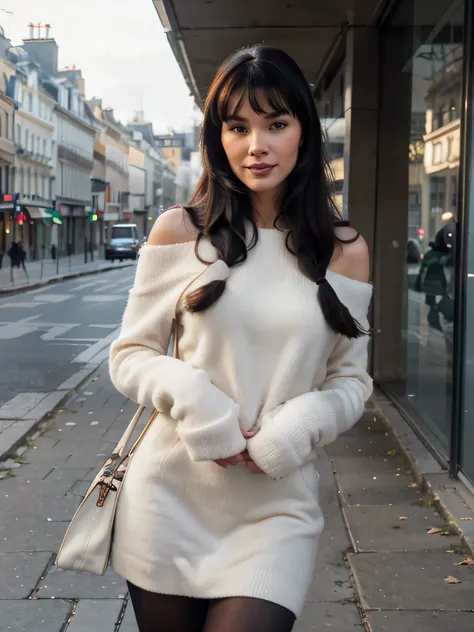 proFessional portrait photograph oF a gorgeous Smiling Bettie page  girl in winter clothing with long wavy ponytail Black hair, sultry Flirty look, gorgeous symmetrical Face, joli maquillage naturel, wearing elegant warm winter Fashion clothing, black leat...