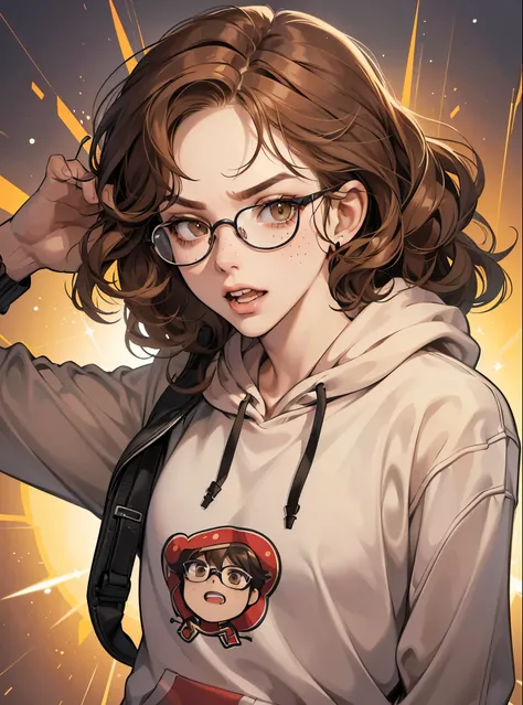 (Masterpiece:1.2), ultradetailed face, portrait, open mouth, freckles, nerdy girl, ((hoody)), detailed shading, skinny, round glasses, (dynamic pose:1.4), ((disgusted face)), young woman, blushyspicy, thick lineart, angry eyes, (curly hair), ((braces)), sm...