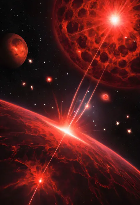  Outer space /Universe with bursts of scarlet red radiation, with heavenly bodies shrouded 