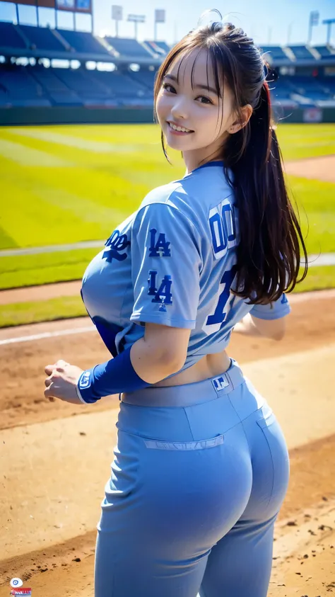 Best Quality,masterpiece, super high definition, highdefinition RAW color photo, professional photography, natural skin texture, fine skin, hyperrealism , Japanese Female,(smile,Laugh happily,Big Breasts,gigantic ass, long hair),(((Watching baseball,Dodger...