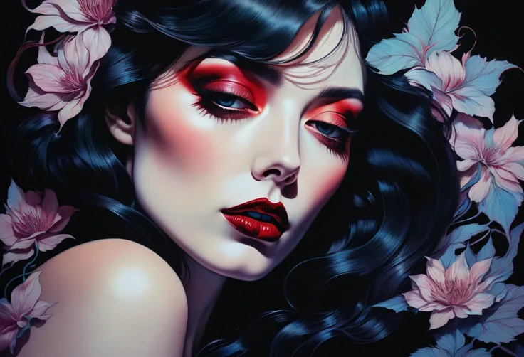 chiaroscuro technique on sensual illustration of an elegant woman, vintage horror, eerie, matte painting, by Hannah Dale, by Harumi Hironaka, extremely soft colors, vibrant, highly detailed, digital artwork, high contrast, dramatic, refined, tonal,