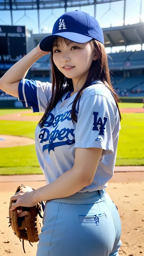 Best Quality,masterpiece, super high definition, highdefinition RAW color photo, professional photography, natural skin texture, fine skin, hyperrealism , Japanese Female,(smile,gigantic breasts, long hair,turn around),(((Watching baseball,Dodger Stadium, ...