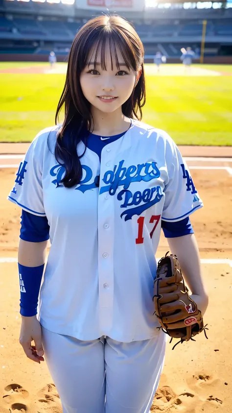 Best Quality,masterpiece, super high definition, highdefinition RAW color photo, professional photography, natural skin texture, fine skin, hyperrealism , Japanese Female,(smile,Laugh happily,gigantic breasts, long hair),(((Watching baseball,Dodger Stadium...