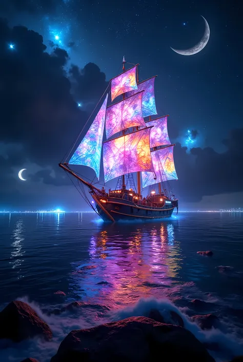 a fantasy world with a lantern theme, a dreamlike ship floating on the night sea as if fused with a hot air balloon, the ship's ...