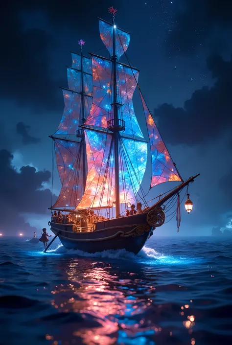 share a fantastic lantern-themed world,  in the sea at night 、 it's like a sailboat fused with a balloon floats , alone,  the sh...