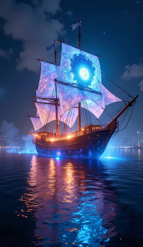 a magical fantasy world with lanterns, a ship that seems to merge with a hot air balloon floating on a night sea, the transparen...