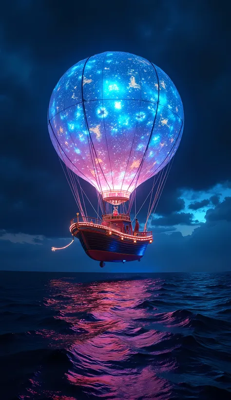 a fantasy world with lanterns, a ship that looks like a hot air balloon floating on a night sea, its translucent hull glowing li...