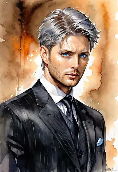 Masterpiece, ultra detailed, illustration, solo, 1man, very handsome, jensen ackles, pale skin, blue eyes, grey hair, athletic, wearing beautiful black suit, art by Enki Bilal, watercolor on paper, DeviantArt, high resolution, Luis Royo, warm color, concen...