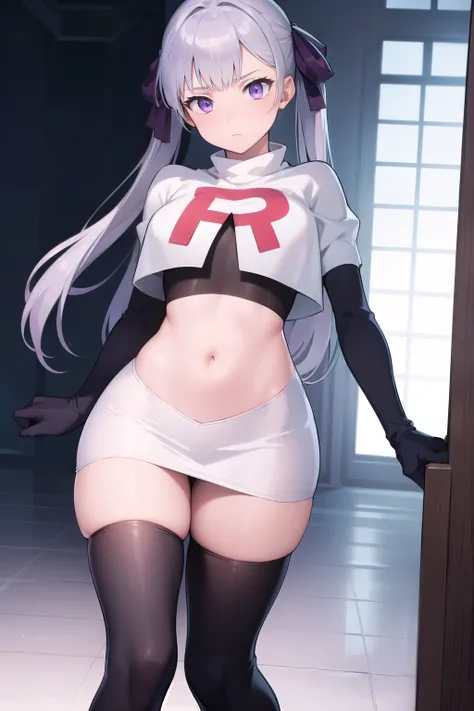 noellesilva, noelle silva, hair ribbon, long hair, (purple eyes:1.1), silver hair, twintails,
BREAK team rocket,team rocket uniform,white skirt,red letter R,crop top,black thigh-highs,black elbow gloves,
BREAK looking at viewer,
BREAK (masterpiece:1.2), be...