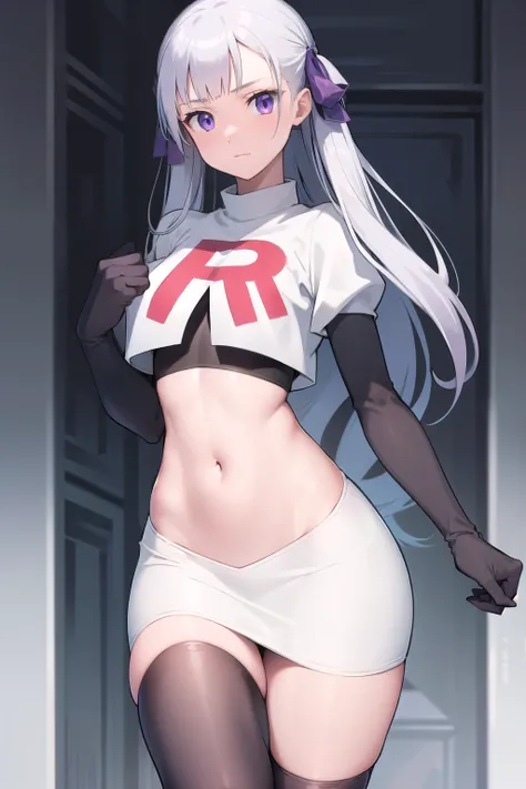 noellesilva, noelle silva, hair ribbon, long hair, (purple eyes:1.1), silver hair, twintails,
BREAK team rocket,team rocket uniform,white skirt,red letter R,crop top,black thigh-highs,black elbow gloves,
BREAK looking at viewer,
BREAK (masterpiece:1.2), be...