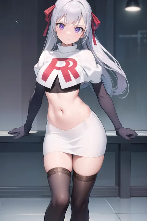 noellesilva, noelle silva, hair ribbon, long hair, (purple eyes:1.1), silver hair, twintails,
BREAK team rocket,team rocket uniform,white skirt,red letter R,crop top,black thigh-highs,black elbow gloves,
BREAK looking at viewer,
BREAK (masterpiece:1.2), be...