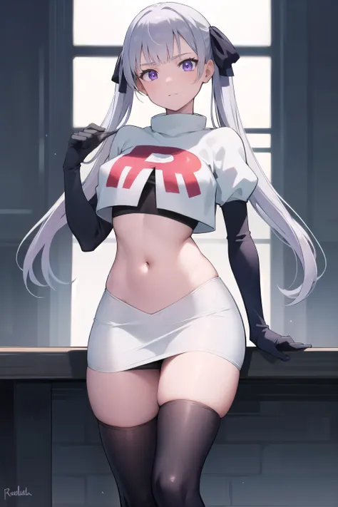 noellesilva, noelle silva, hair ribbon, long hair, (purple eyes:1.1), silver hair, twintails,
BREAK team rocket,team rocket uniform,white skirt,red letter R,crop top,black thigh-highs,black elbow gloves,
BREAK looking at viewer,
BREAK (masterpiece:1.2), be...