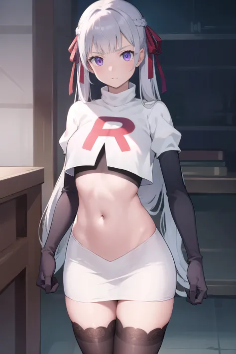 noellesilva, noelle silva, hair ribbon, long hair, (purple eyes:1.1), silver hair, twintails,
BREAK team rocket,team rocket uniform,white skirt,red letter R,crop top,black thigh-highs,black elbow gloves,
BREAK looking at viewer,
BREAK (masterpiece:1.2), be...